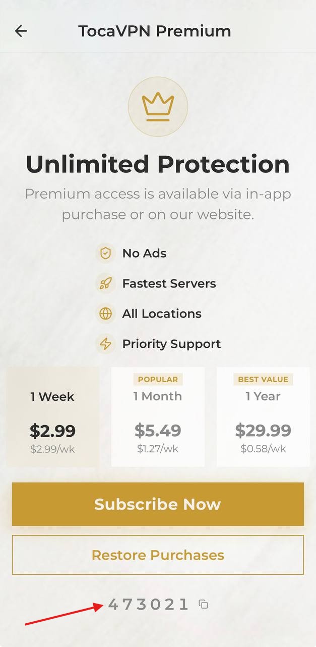 Screenshot of the TocaVPN Premium screen in step 2, showing the six-digit device payment code below the Restore Purchases button.