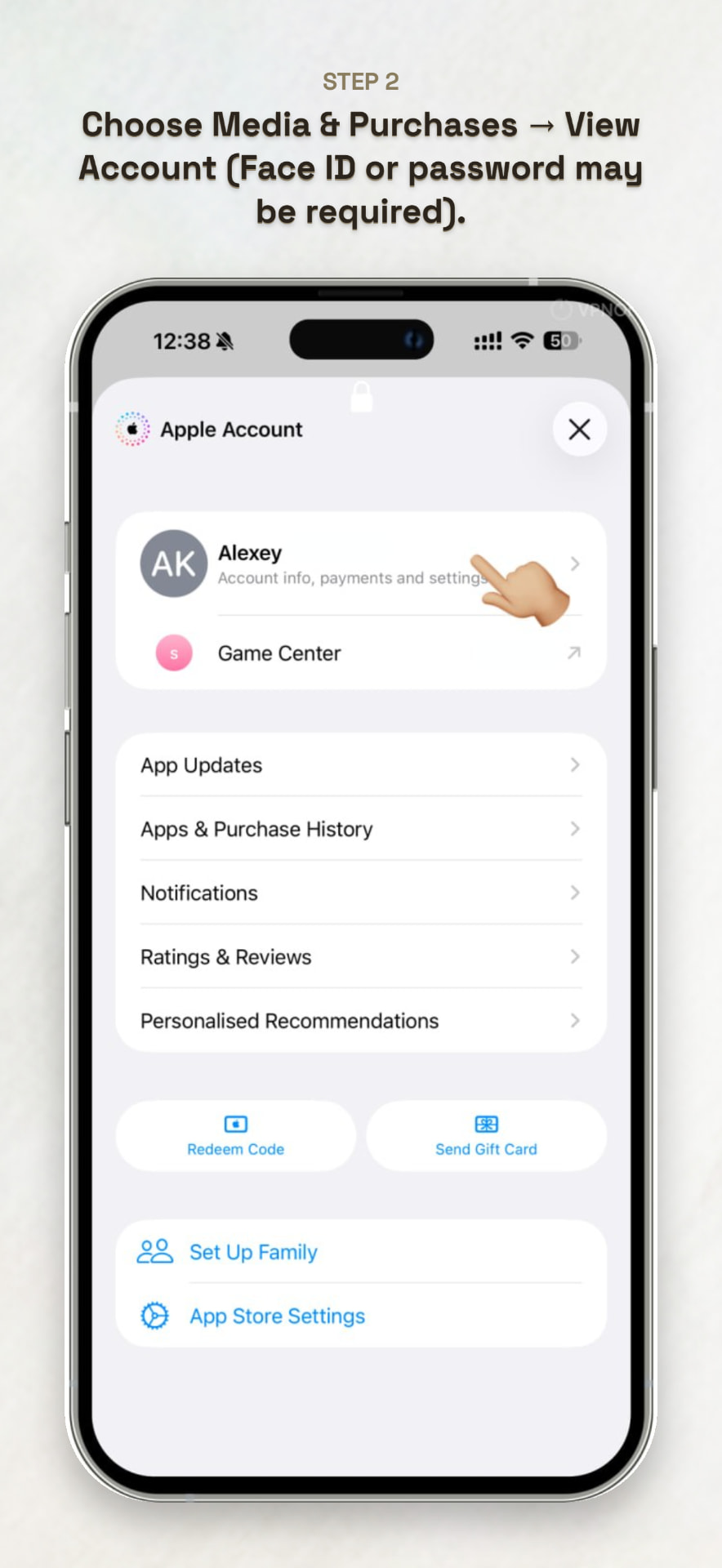 Opening the Apple Account purchase settings on an iPhone