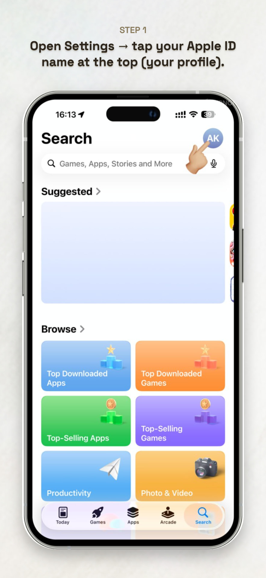 Opening the Apple Account profile on an iPhone