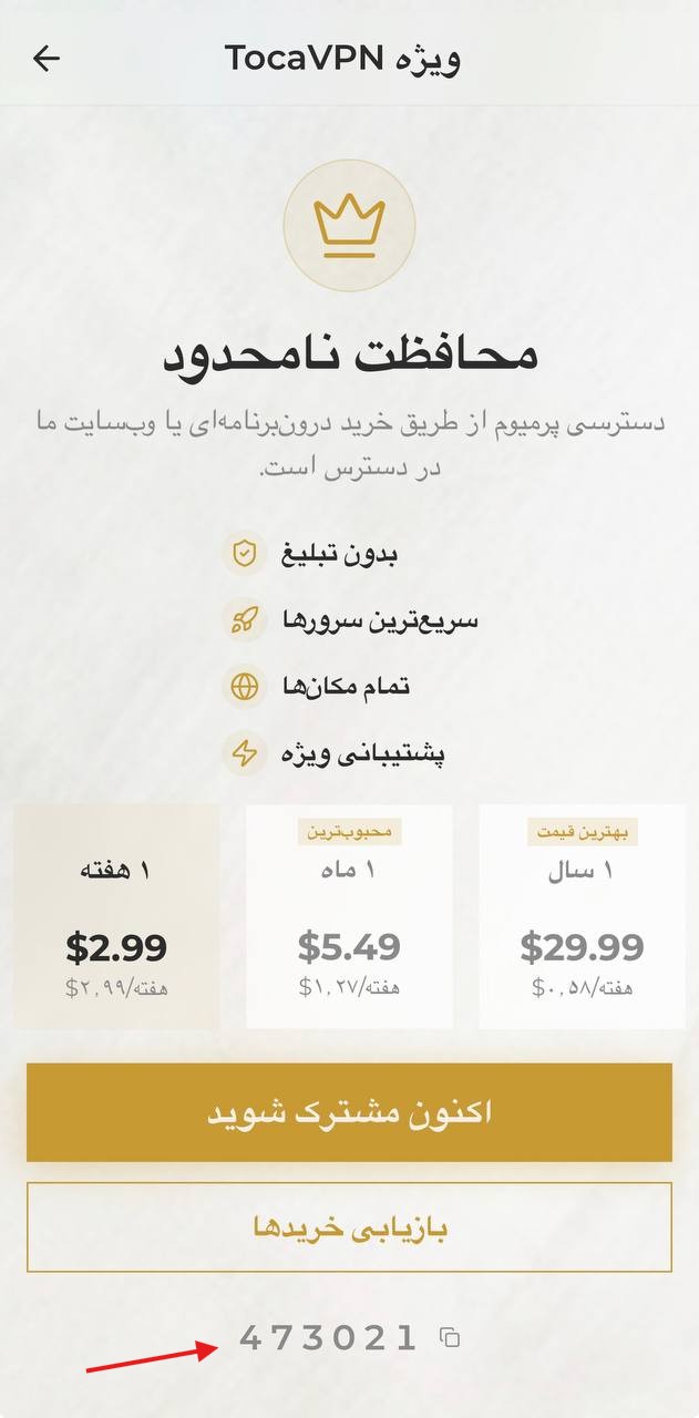 نماگرفت صفحه ویژه TocaVPN در گام ۲: کد شش‌رقمی پرداخت دستگاه زیر دکمه «بازیابی خریدها».