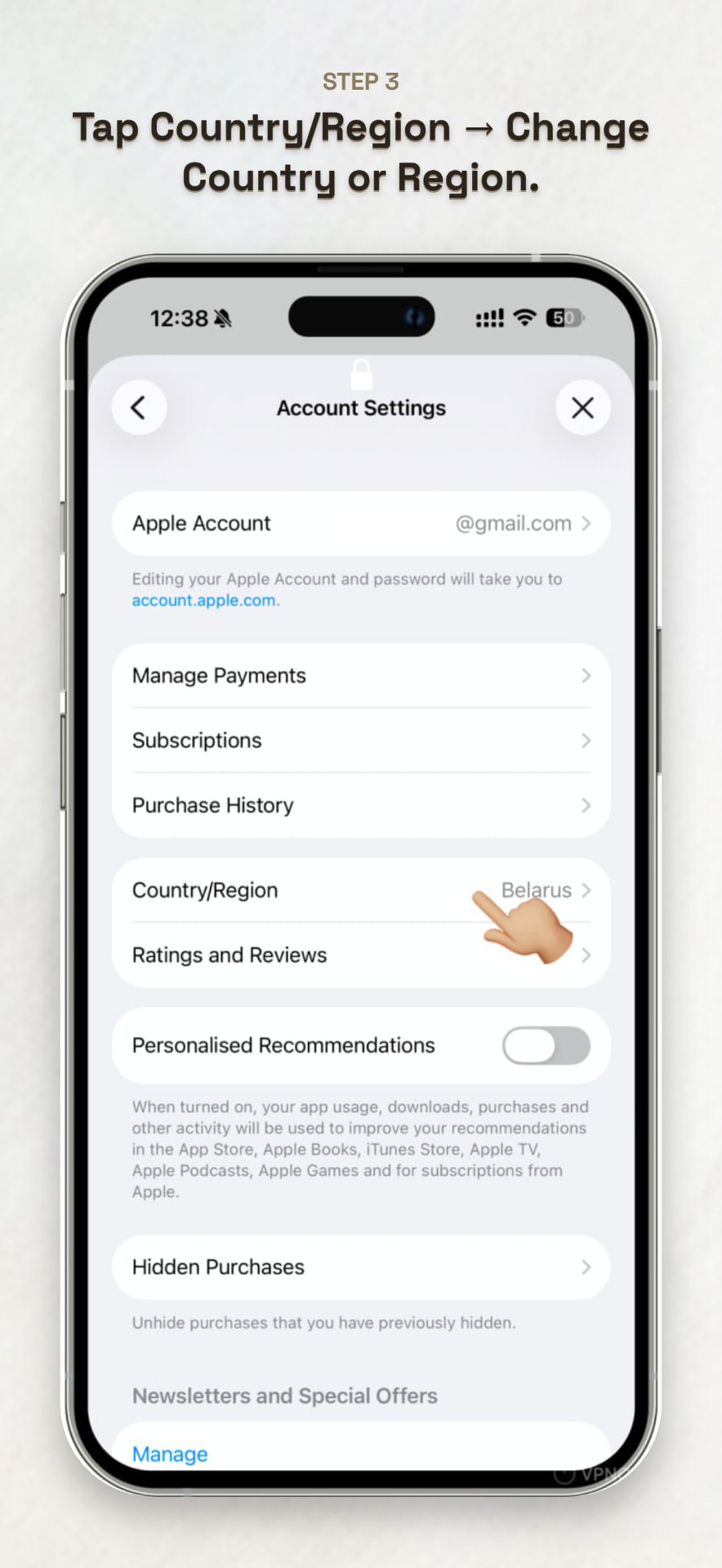 Selecting Country or Region in Apple Account settings
