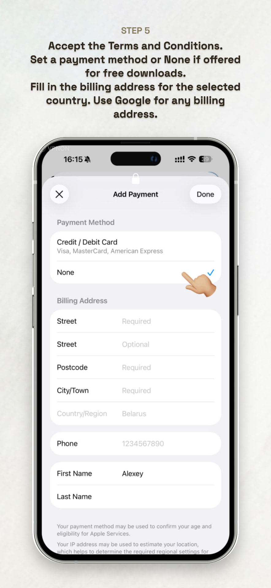 Entering payment and billing information for a new App Store region